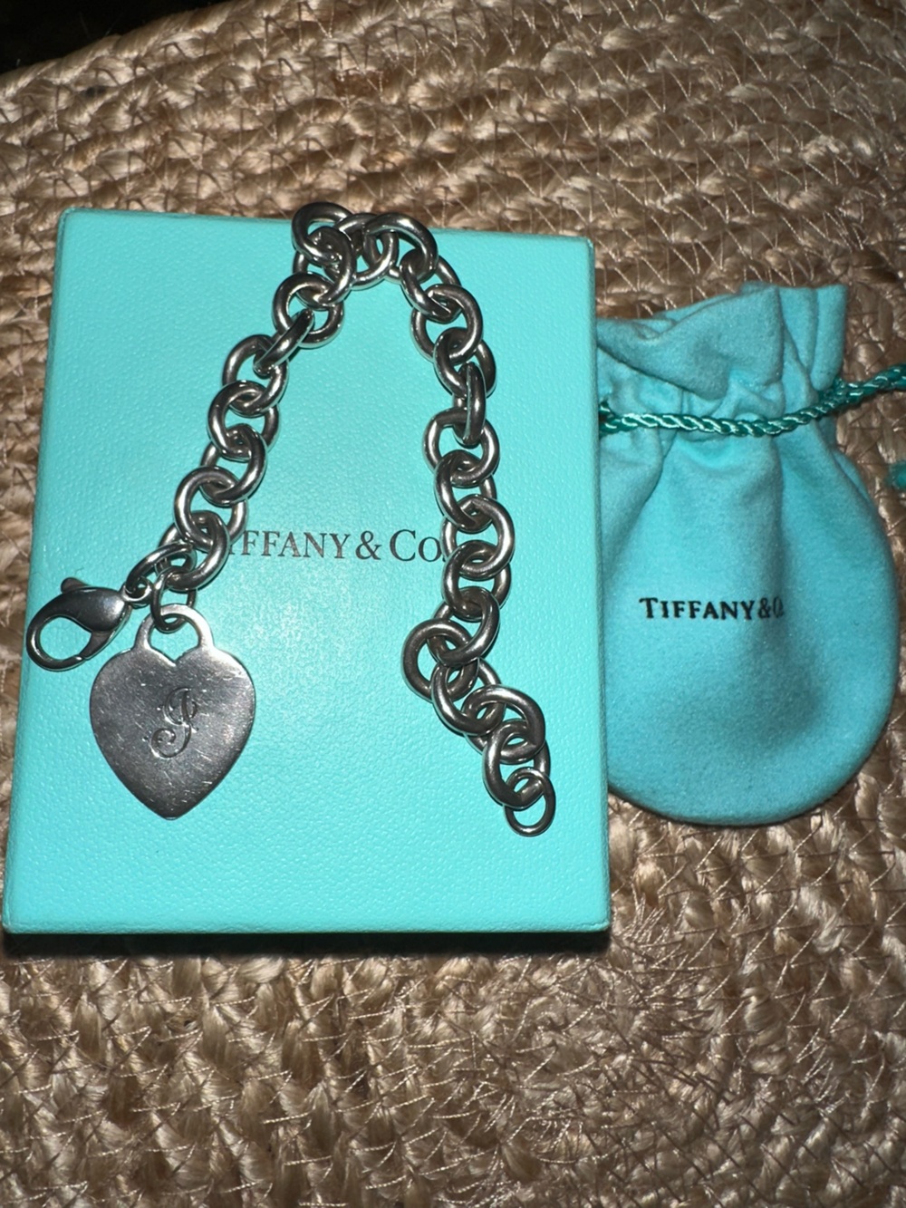 Tiffany & Co. Sterling Silver Heart Tag Charm Bracelet 7” Small Size Engraved J